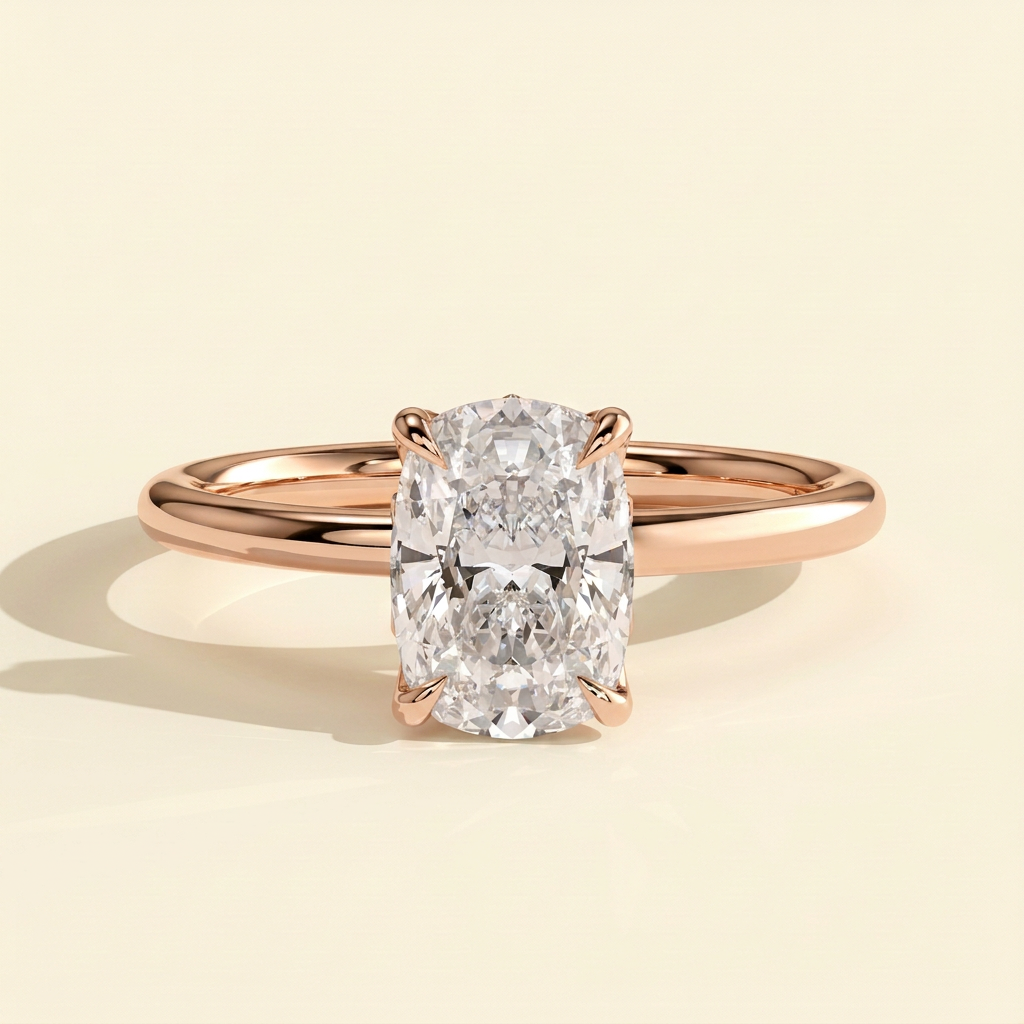 The Ulani - Elongated Cushion Cut Lab Grown Diamond Claw Solitaire with Petal Gallery and Accent Leaf Detail Engagement Ring