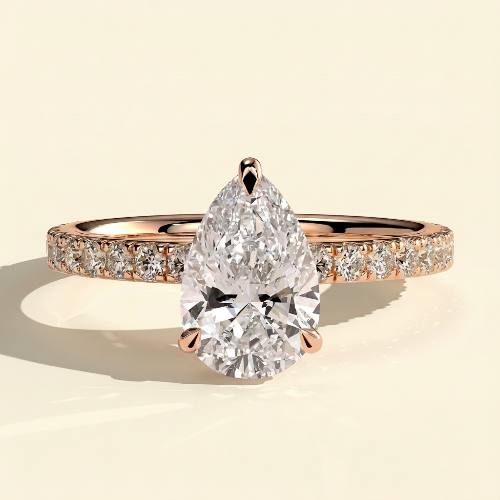 The Hestia - Pear Cut Lab Grown Diamond Wrap Around Hidden Halo Solitaire with Pave Band Engagement Ring