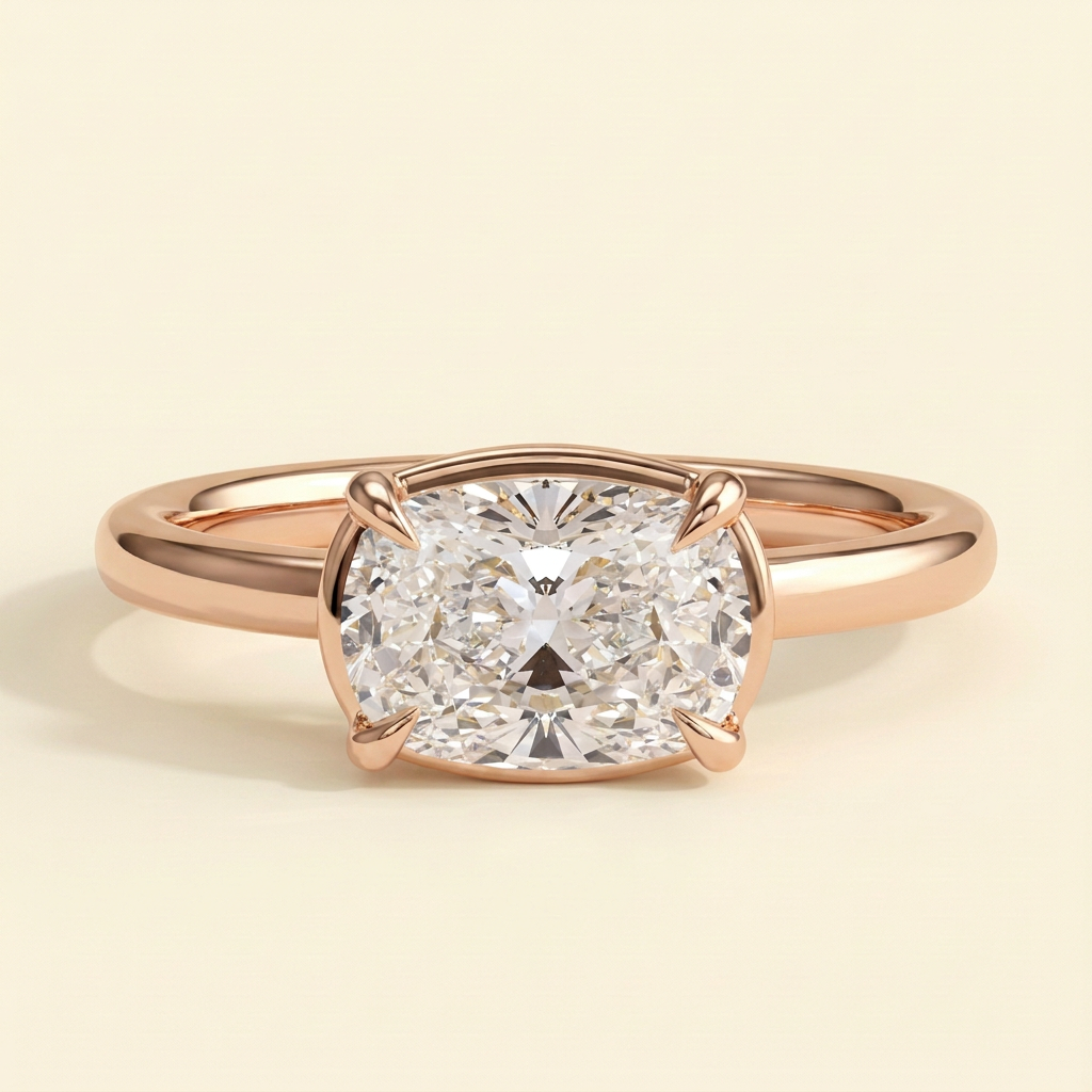 The Vera - East West Elongated Cushion Cut Lab Diamond Solitaire with Bezel Frame Ring