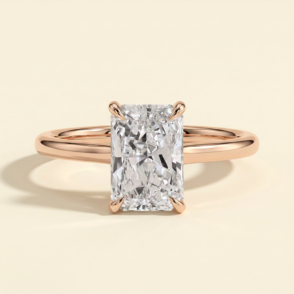 The Ersa - Radiant Lab Diamond Solitaire with Cathedral Setting and Open Trellis Gallery Ring