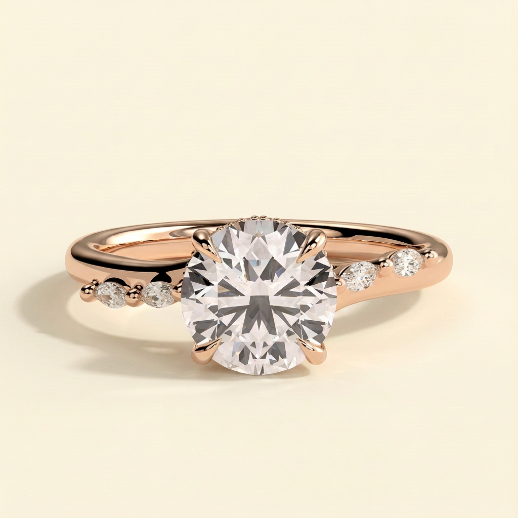 The Stelle - Round Cut Lab Grown Diamond Hidden Halo Solitaire with Opposing Marquise Accent Band Engagement Ring
