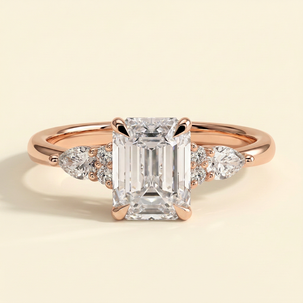 The Belisse - Emerald Cut Lab Grown Diamond Four Claw Solitaire with East West Pear and Round Shoulder Accents Engagement Ring