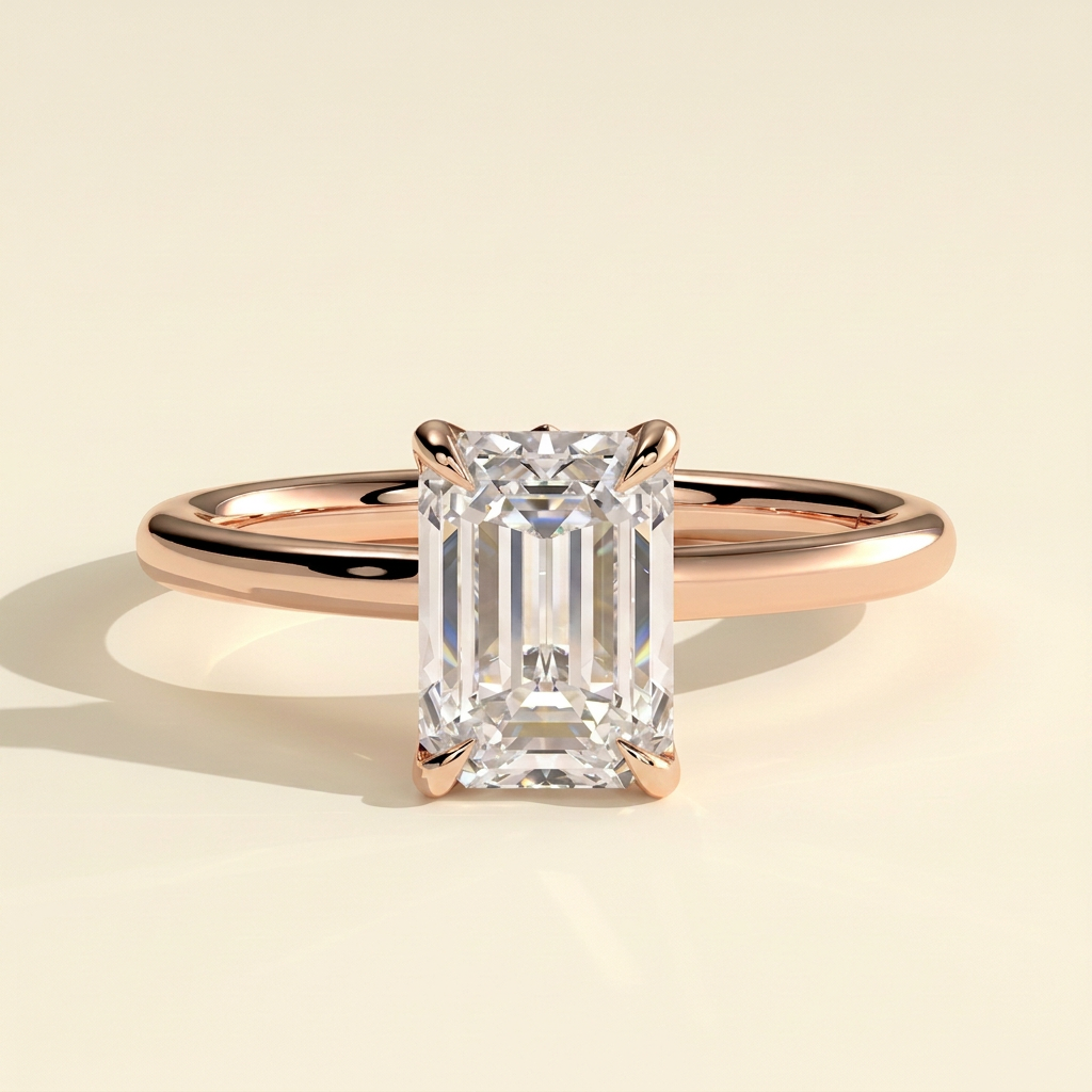The Luvelle - Emerald Cut Lab Grown Diamond Claw Solitaire with Petal Gallery and Accent Leaf Detail Engagement Ring
