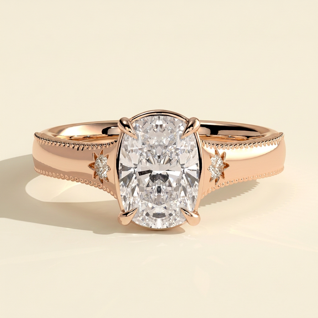 The Elysse - Elongated Cushion Cut Lab Grown Diamond Vintage Bezel Solitaire with Star Set Accents and Milgrain Engagement Ring