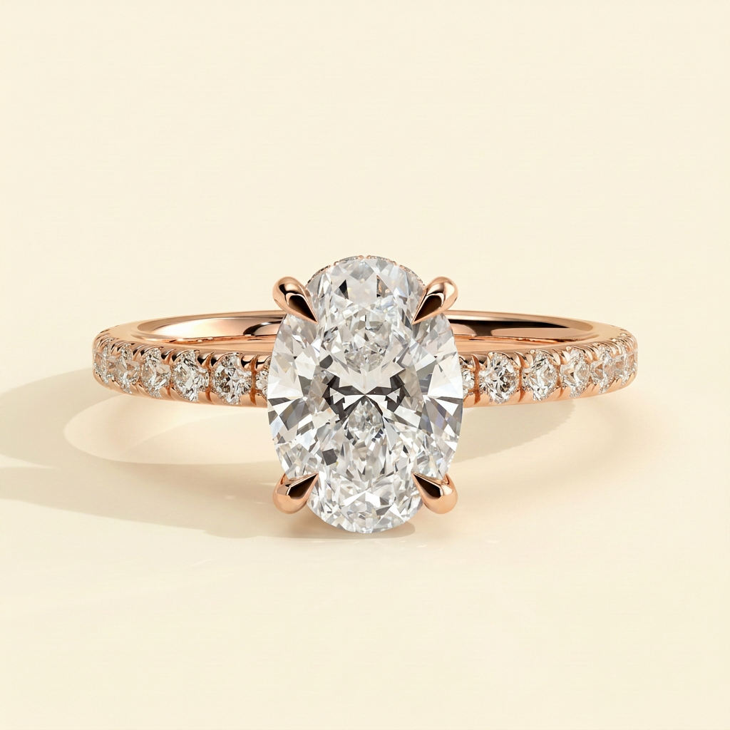 The Solisse - Oval Cut Lab Grown Diamond Hidden Halo Solitaire with Pave Band Engagement Ring