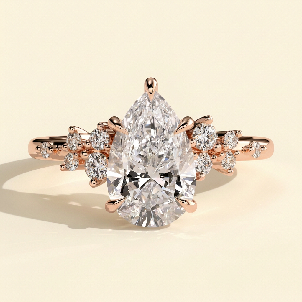 The Zivelle - Pear Cut Lab Grown Diamond Basket Set Solitaire with Clustered Round Shoulder Stones Engagement Ring