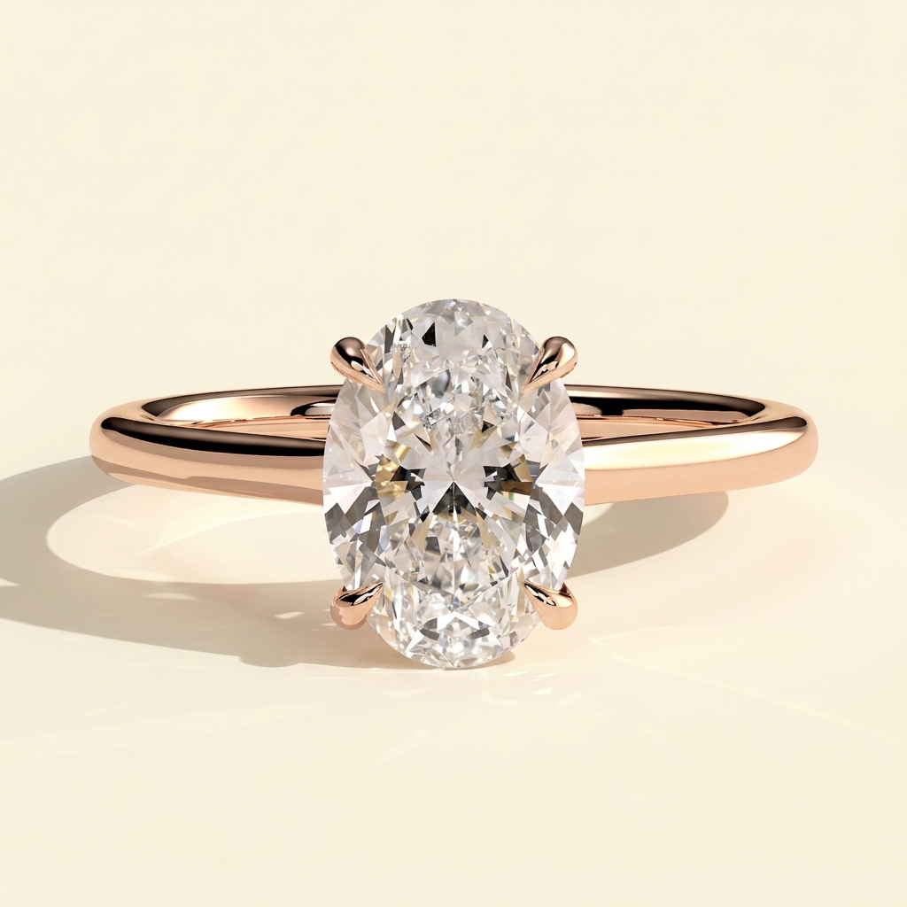 The Jovia - Oval Cut Lab Grown Diamond Four Claw Solitaire with Open Trellis Gallery Engagement Ring
