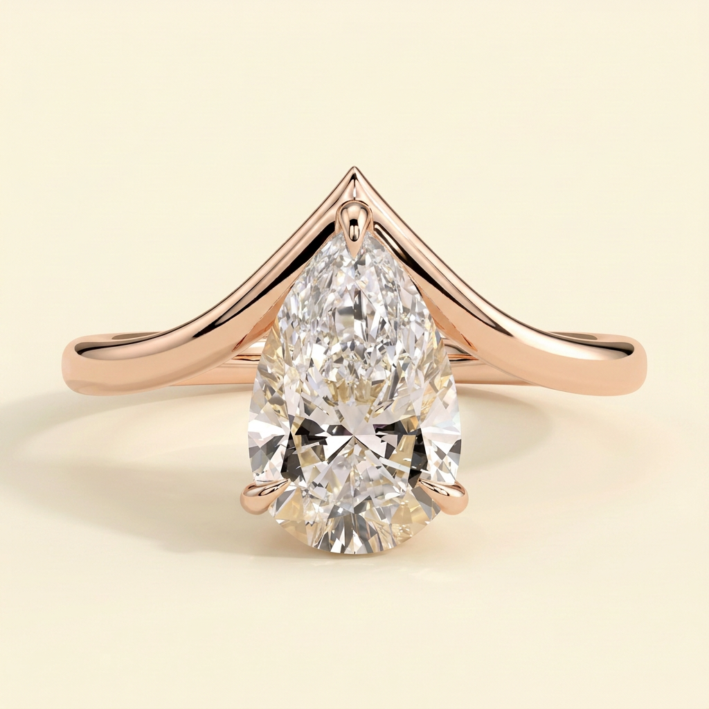The Halina - Pear Cut Lab Grown Diamond Solitaire with Curved V Band Engagement Ring