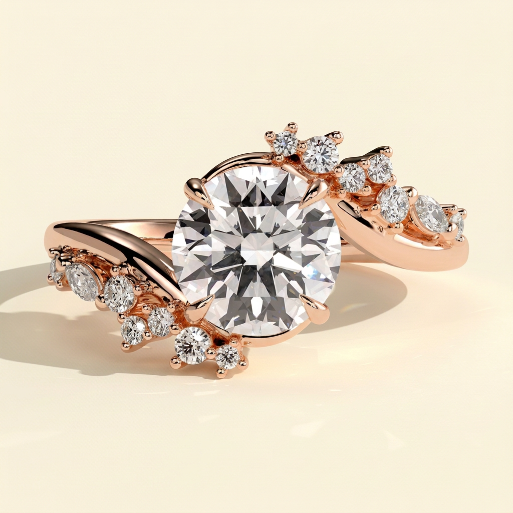 The Selene - Round Cut Lab Grown Diamond Vine Inspired Bypass Solitaire with Clustered Accent Stones Engagement Ring