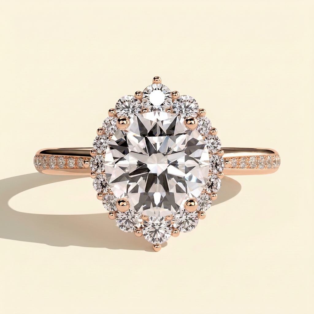 The Halia - Round Cut Lab Grown Diamond Vintage Halo Engagement Ring with Bead Set Micropave Band