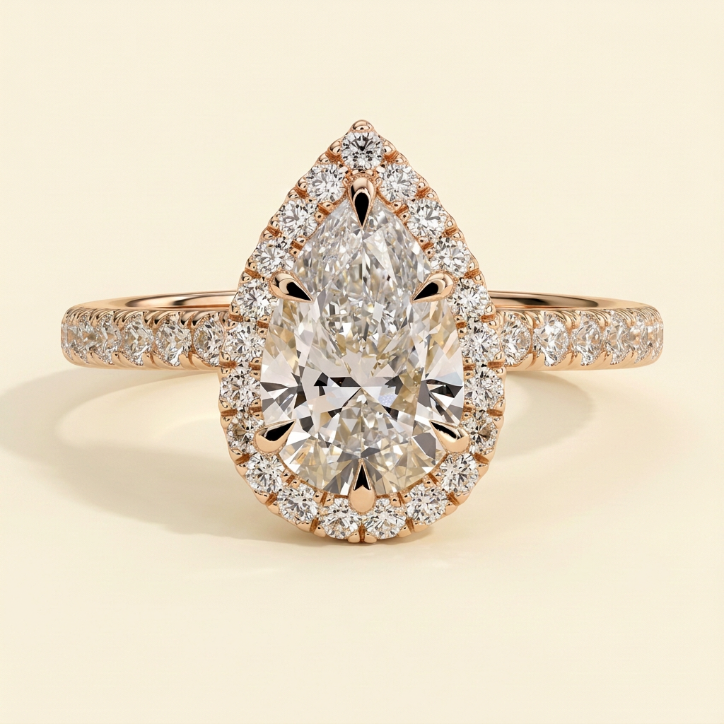 The Calla - Pear Cut Lab Grown Diamond Six Claw Halo Engagement Ring with Pave Band