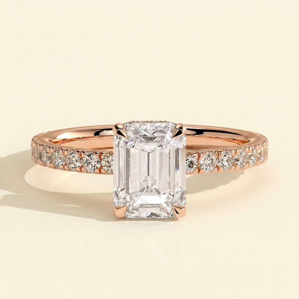 The Priel - Emerald Cut Lab Grown Diamond Solitaire with Wrap Around Hidden Halo Engagement Ring