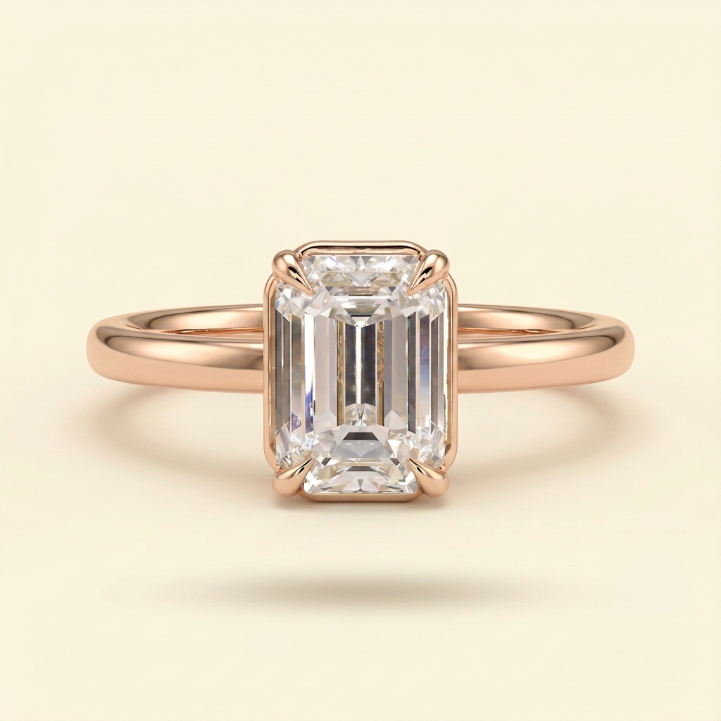 The Coralie - Emerald Cut Lab Grown Diamond Low Set Solitaire with Bezel Frame Engagement Ring