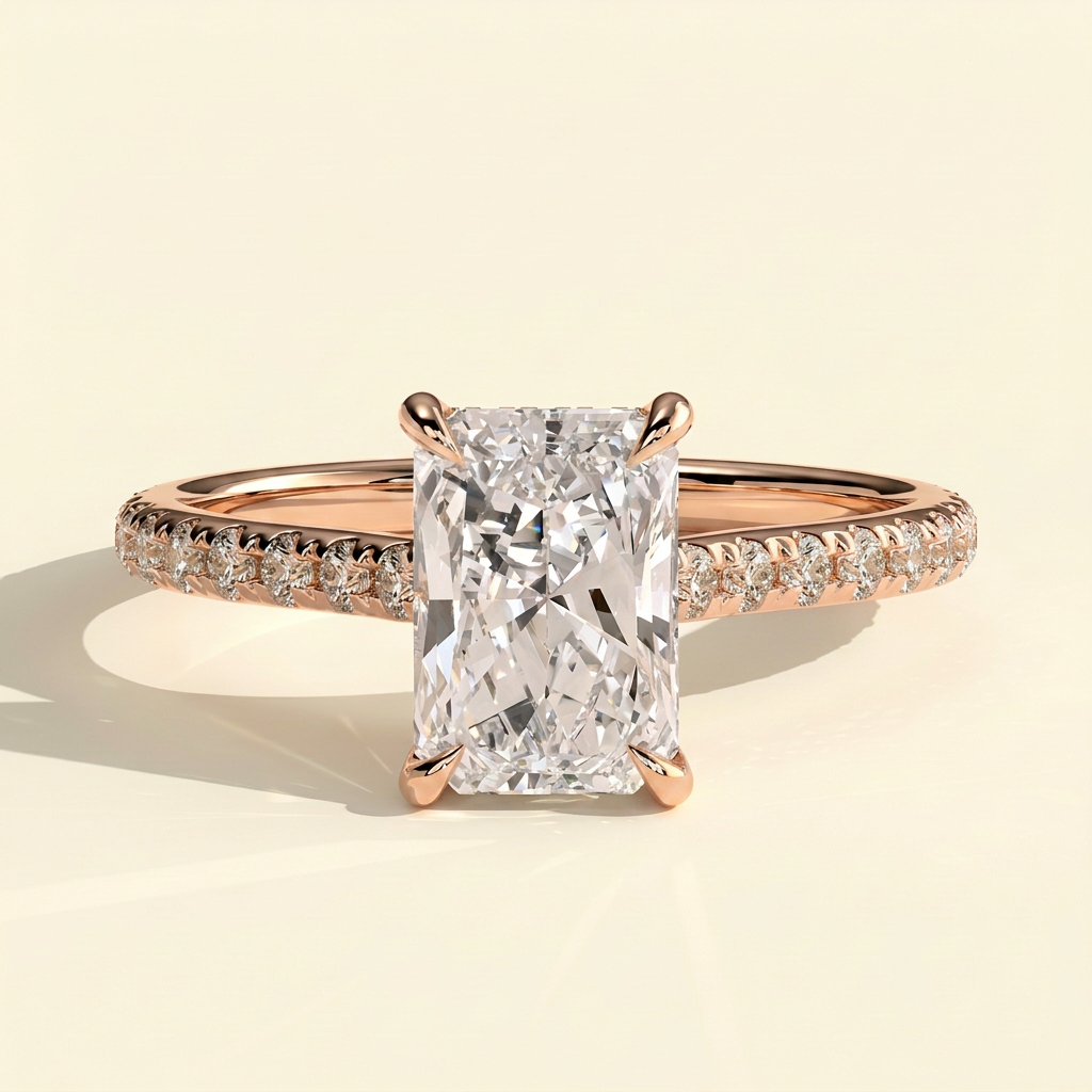 The Della - Radiant Cut Lab Grown Diamond Cathedral Solitaire with Hidden Halo and Pave Band Engagement Ring