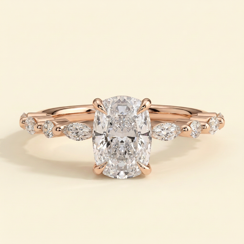 The Averie - Elongated Cushion Lab Diamond Solitaire with Marquise and Round Accent Stones Ring
