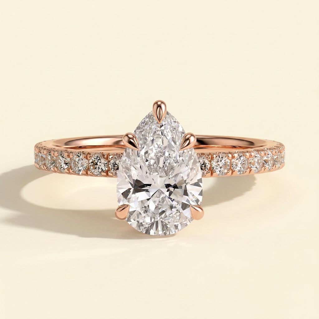 The Vita - Pear Cut Lab Grown Diamond Hidden Halo Engagement Ring with Pave Band