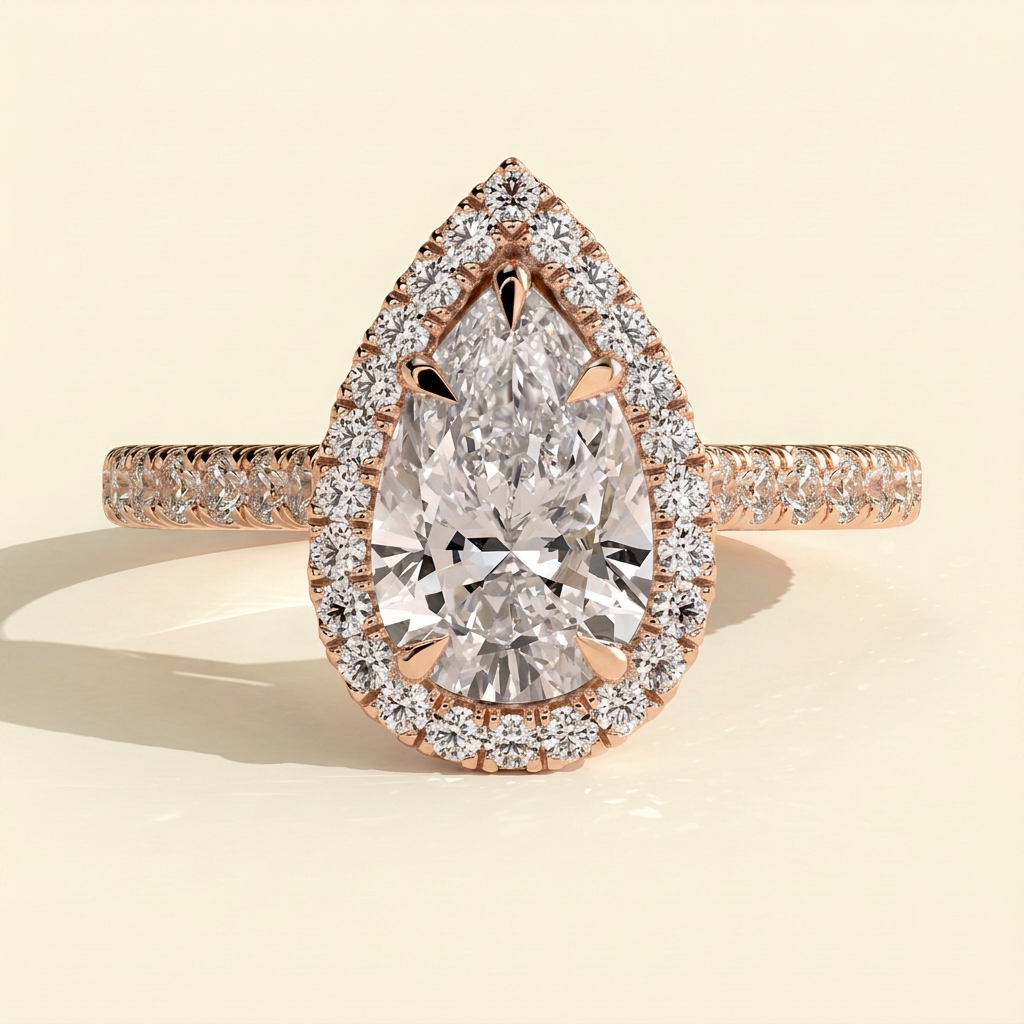 The Ines - Pear Cut Lab Grown Diamond Five Claw Halo with Pave Band Engagement Ring