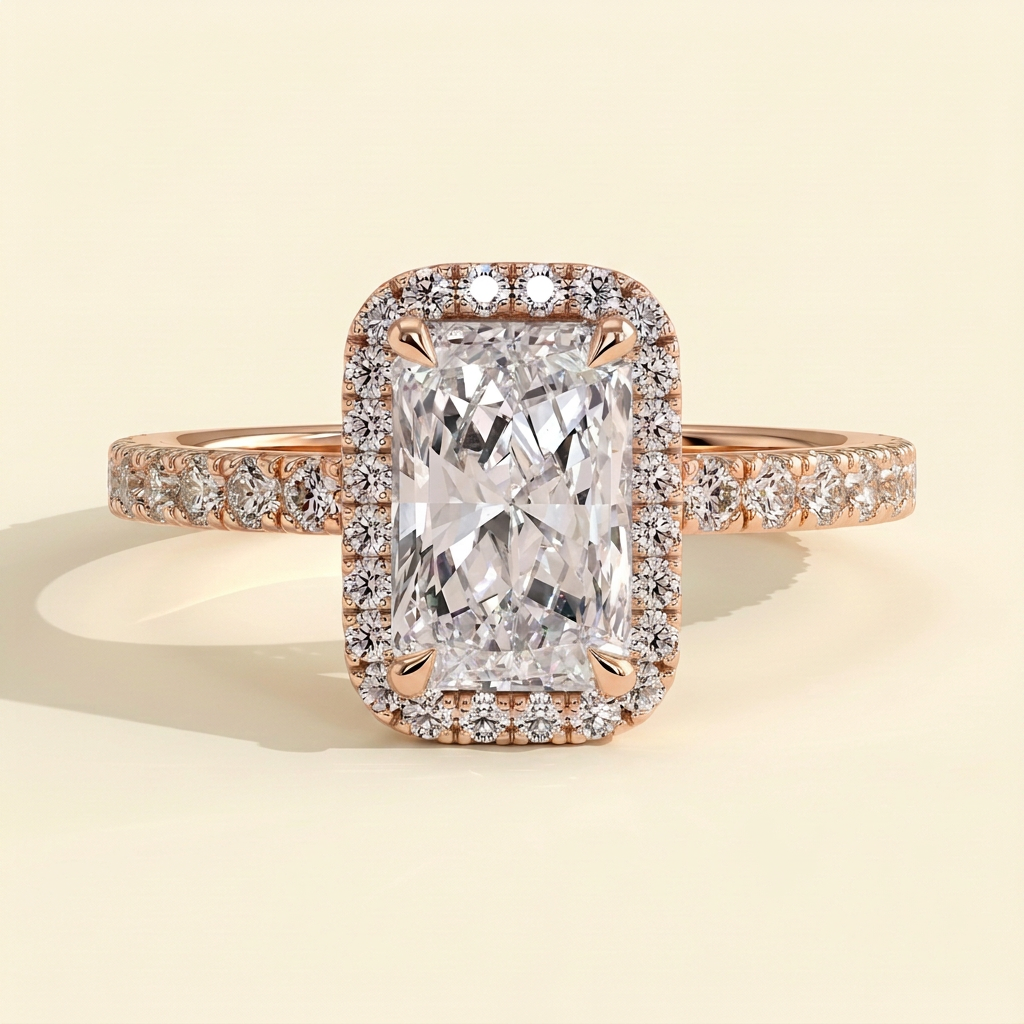 The Ezara - Radiant Cut Lab Grown Diamond Solitaire with Halo and Pave Band Engagement Ring