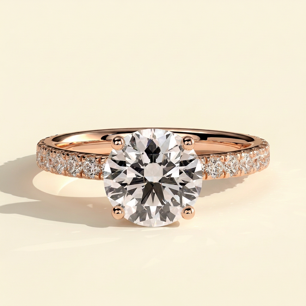 The Elena - Round Cut Lab Grown Diamond Solitaire with Hidden Halo and Pave Band Engagement Ring