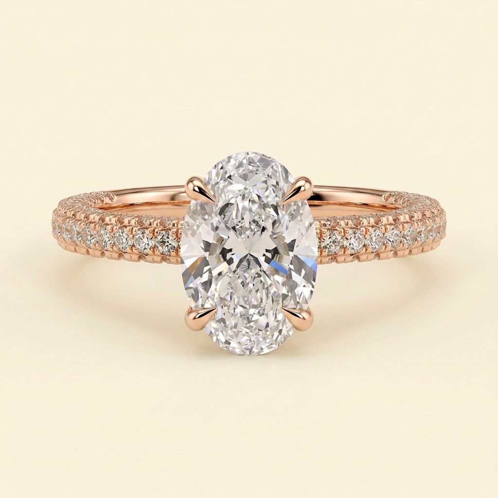 The Nella - Oval Cut Lab Grown Diamond Hidden Halo Solitaire with Triple Pave Band Engagement Ring
