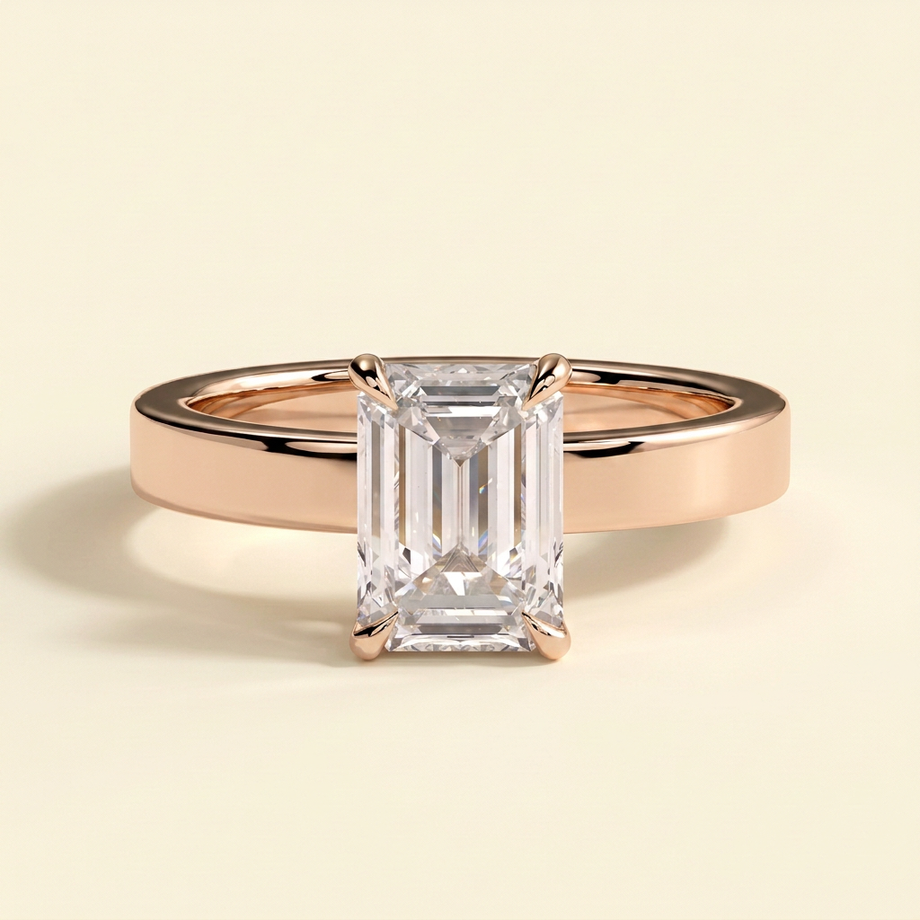 The Odelia - Emerald Cut Lab Diamond Solitaire with Flat Cigar Band and Hidden Halo Ring