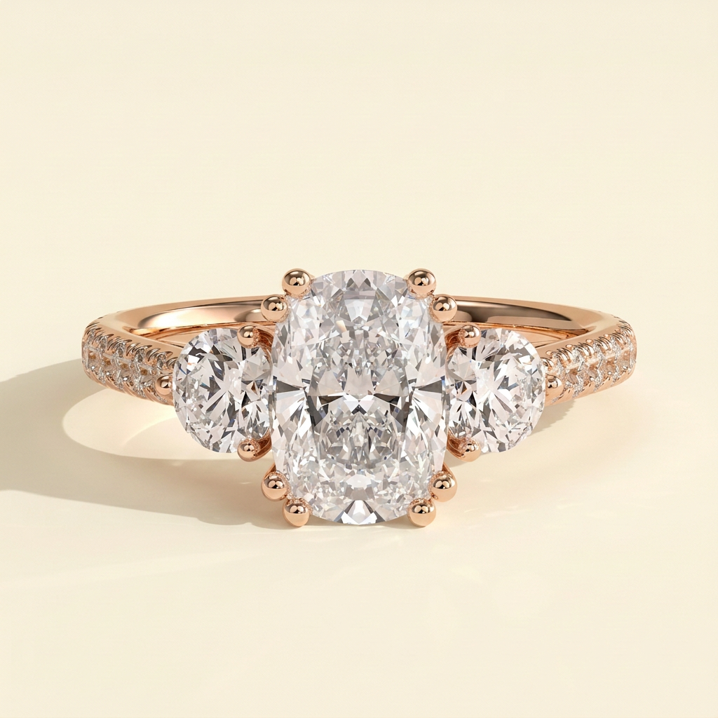 The Ivara - Elongated Cushion Cut Lab Grown Diamond Double Claw Three Stone with Pave Band and Cathedral Setting Engagement Ring