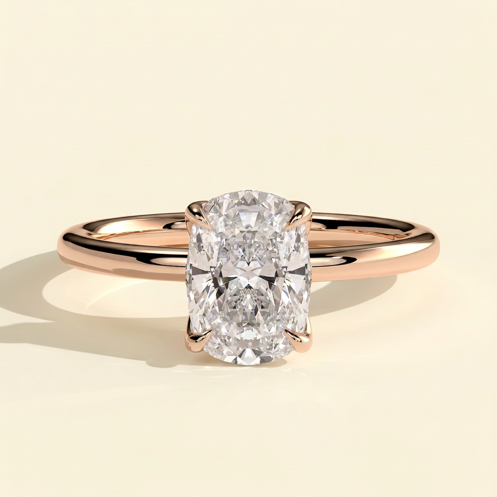 The Cerine - Elongated Cushion Cut Lab Grown Diamond Solitaire with Petal Gallery and Tiara Detail Engagement Ring