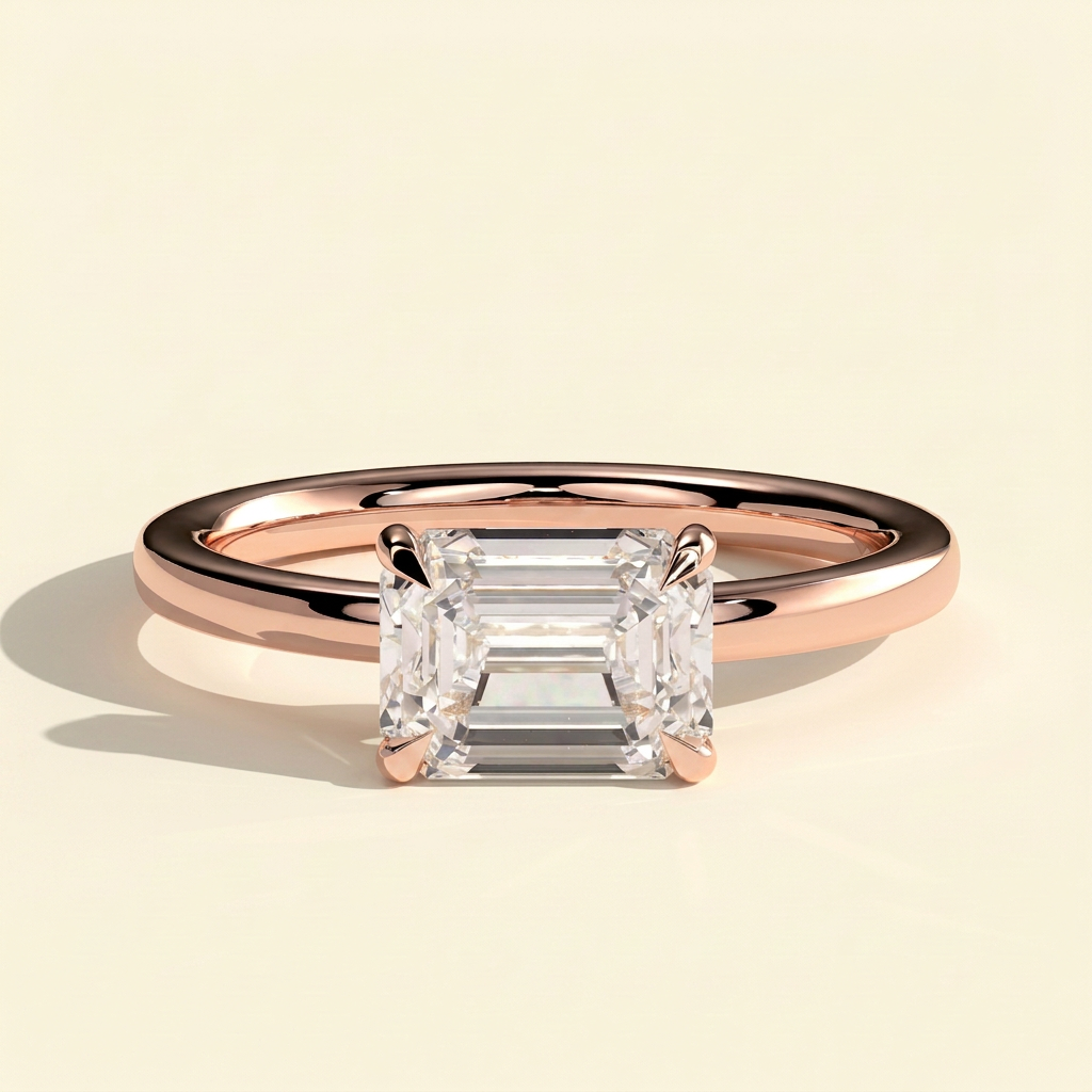 The Quila - Emerald Cut Lab Grown Diamond East West Solitaire Engagement Ring with Raised Basket