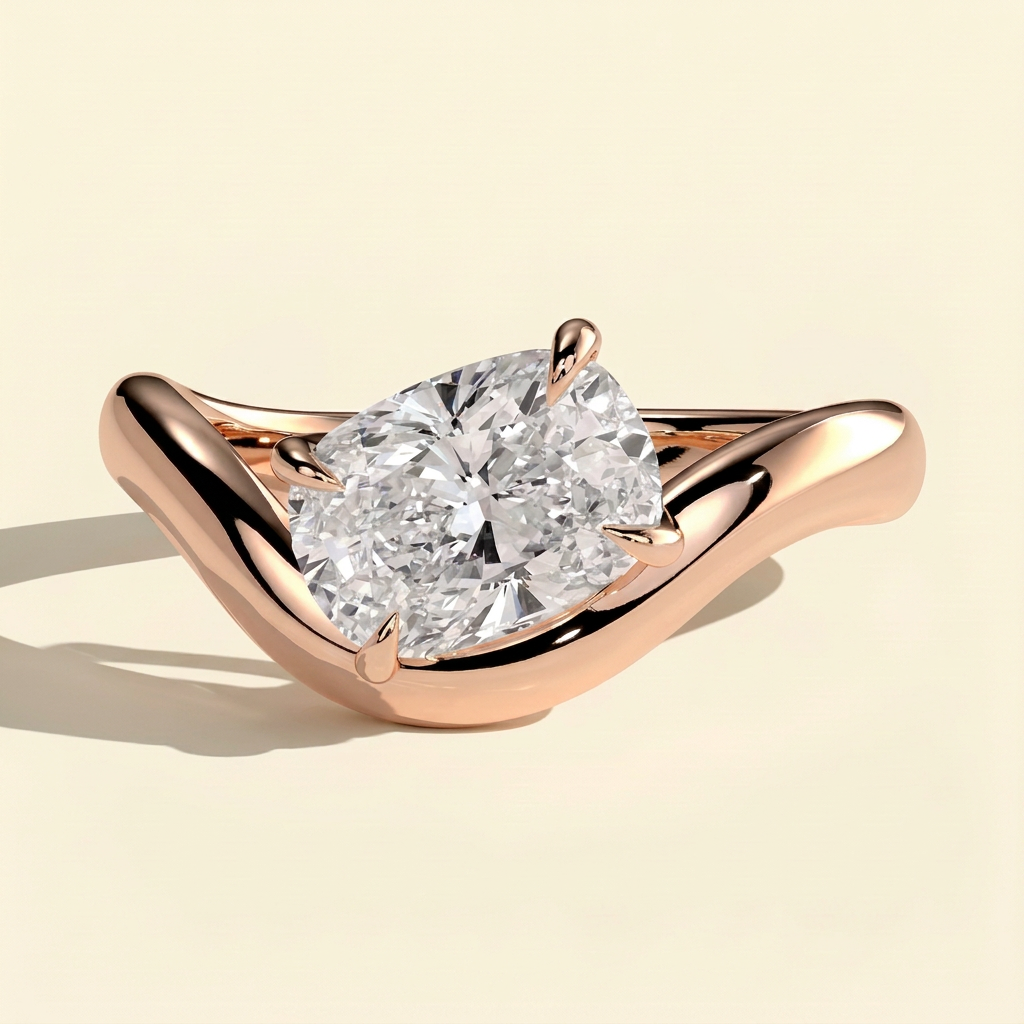The Aelora - Elongated Cushion Cut Lab Grown Diamond East West Solitaire with Wave Band Engagement Ring