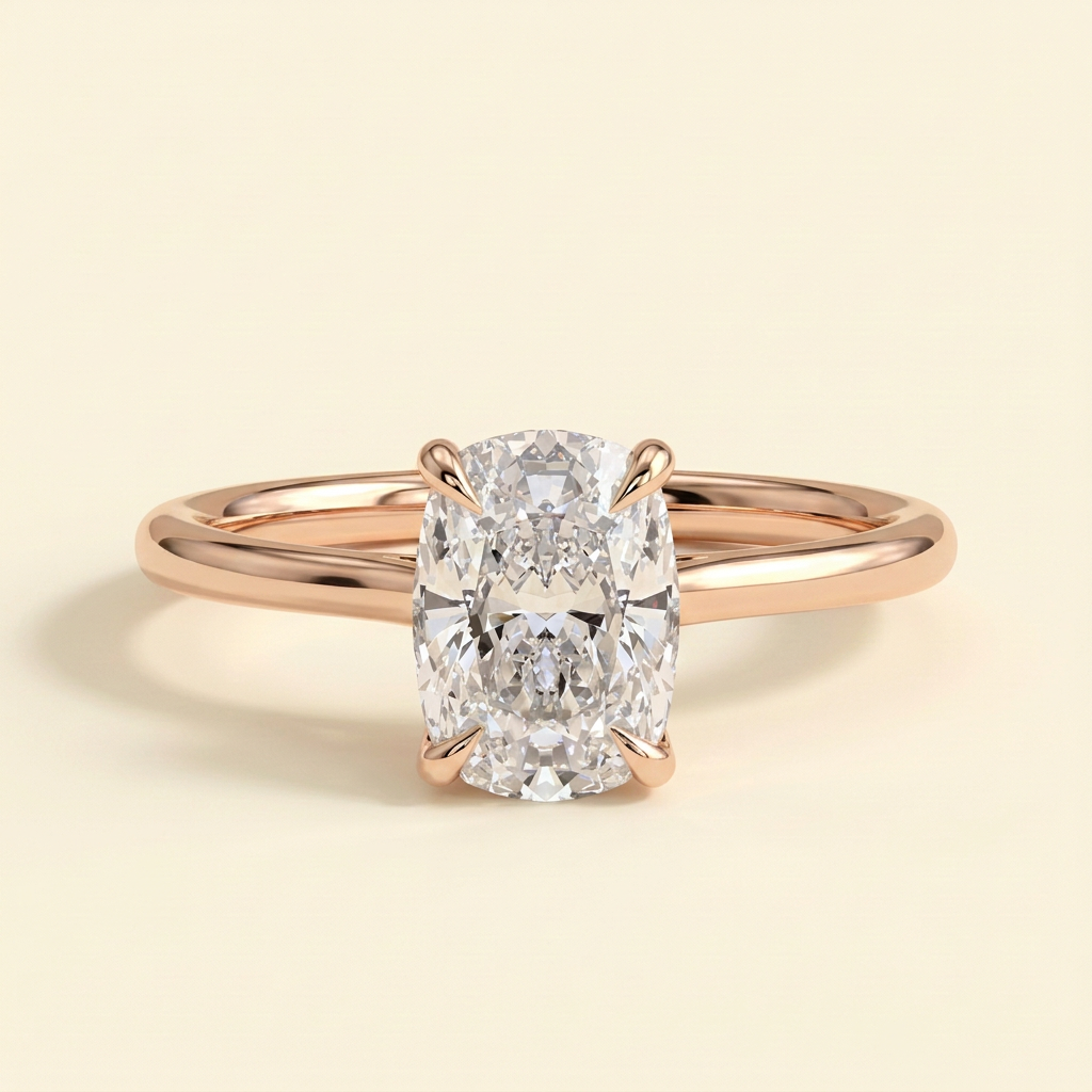 The Karisa - Elongated Cushion Cut Lab Grown Diamond Four Claw Solitaire with Hidden Halo Engagement Ring
