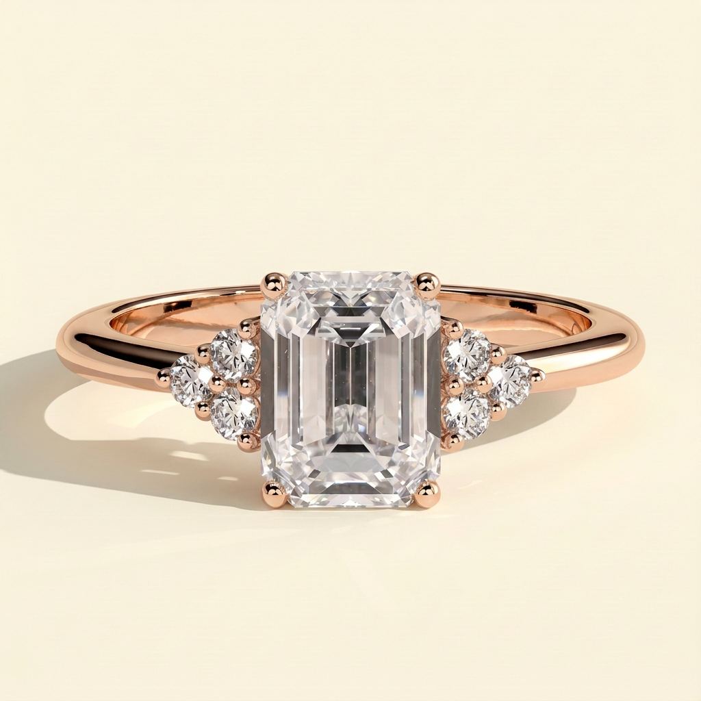 The Serene - Emerald Cut Lab Grown Diamond Low Set Solitaire with Round Shoulder Stones Engagement Ring