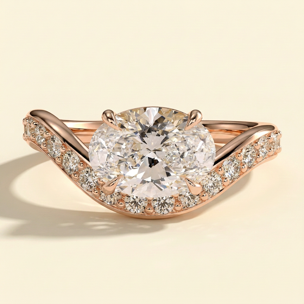 The Tesora - Oval Cut Lab Grown Diamond East West Solitaire with Bead Set Pave Wave Band Engagement Ring