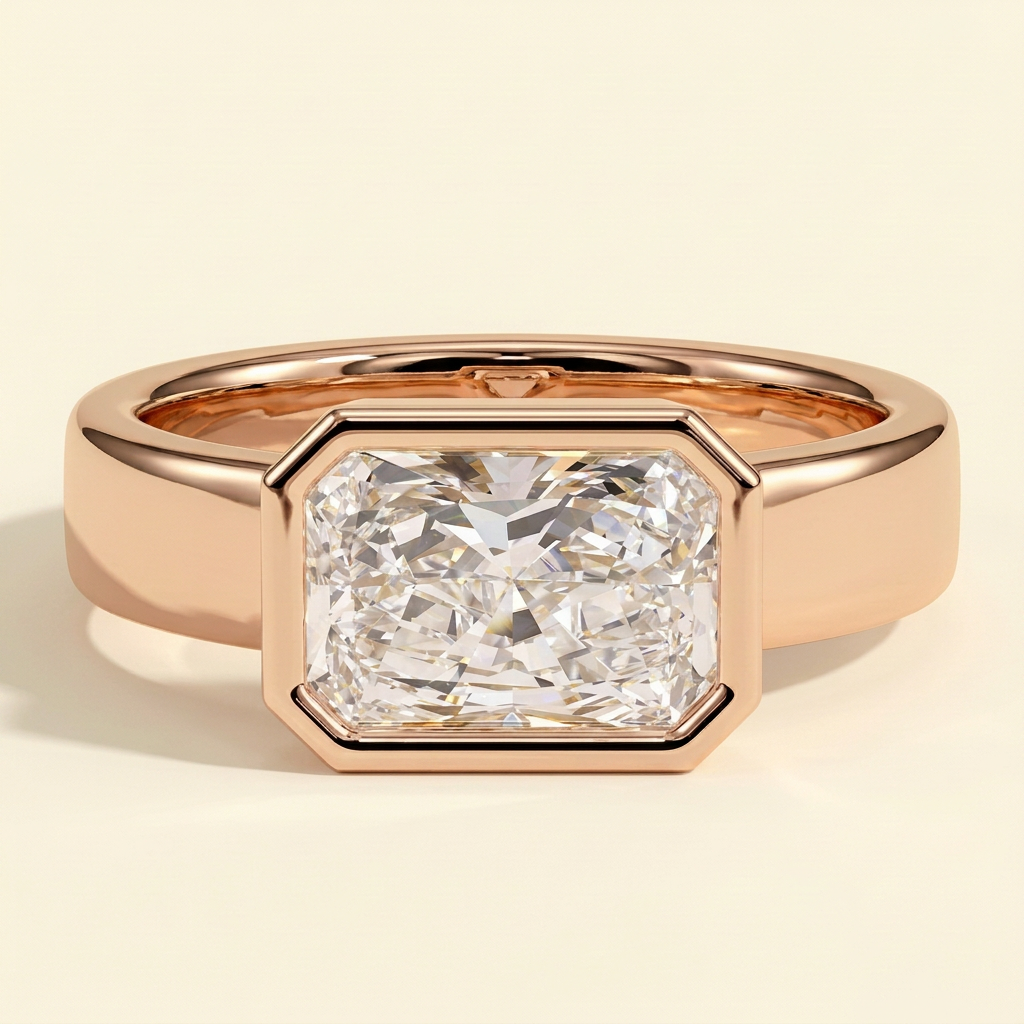 The Bellamy - Radiant Cut Lab Grown Diamond Bezel Set East West Solitaire Engagement Ring