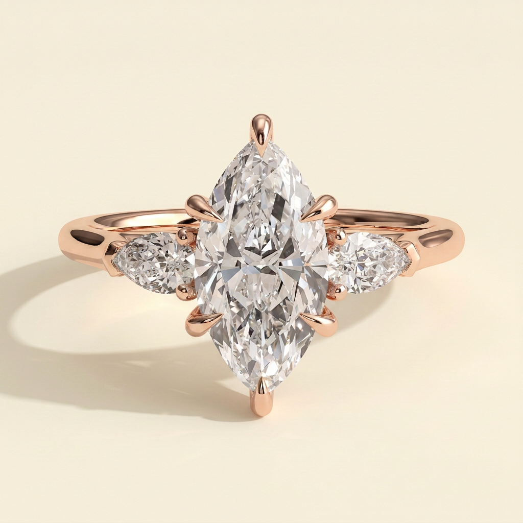 The Una - Marquise Lab Grown Diamond with Pear Side Stones and Cathedral Setting Ring