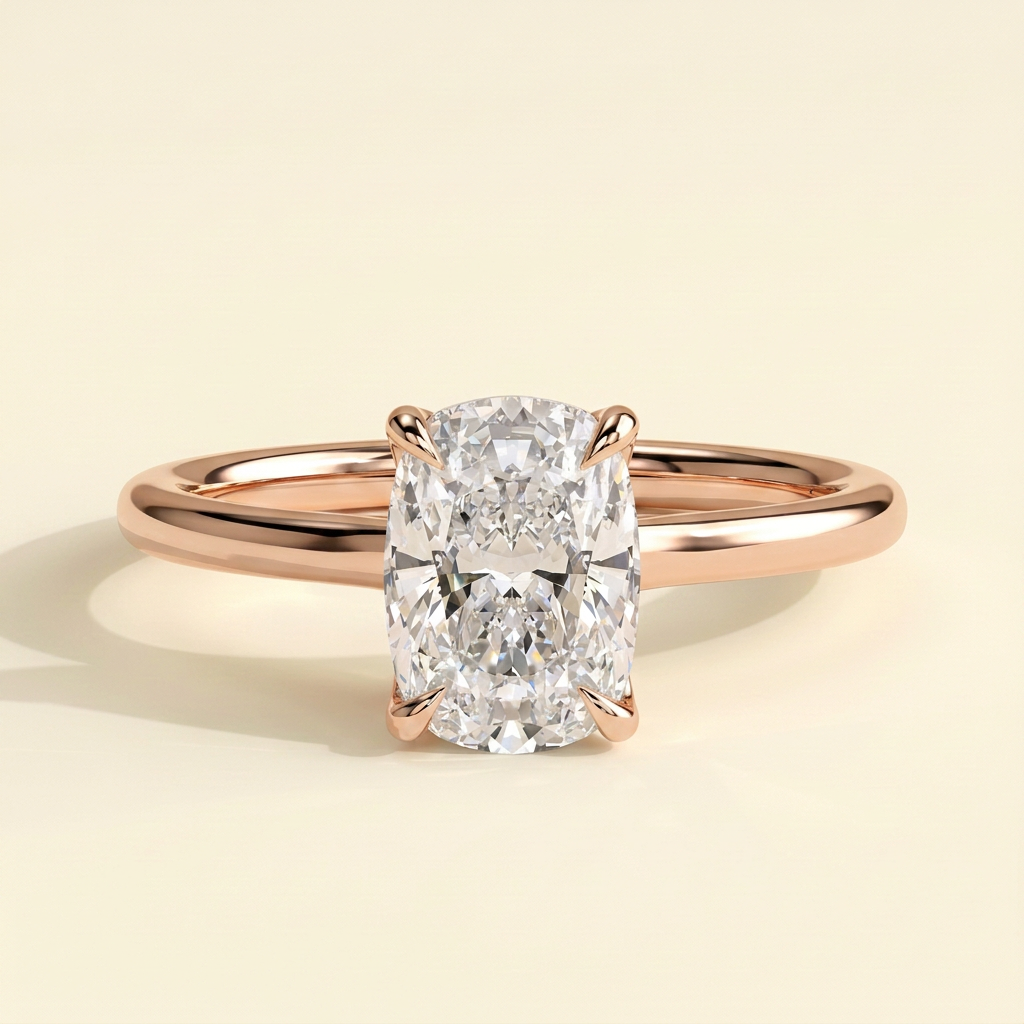The Celise - Elongated Cushion Cut Lab Grown Diamond Four Claw Solitaire with Petal Gallery and Leaf Detail Engagement Ring