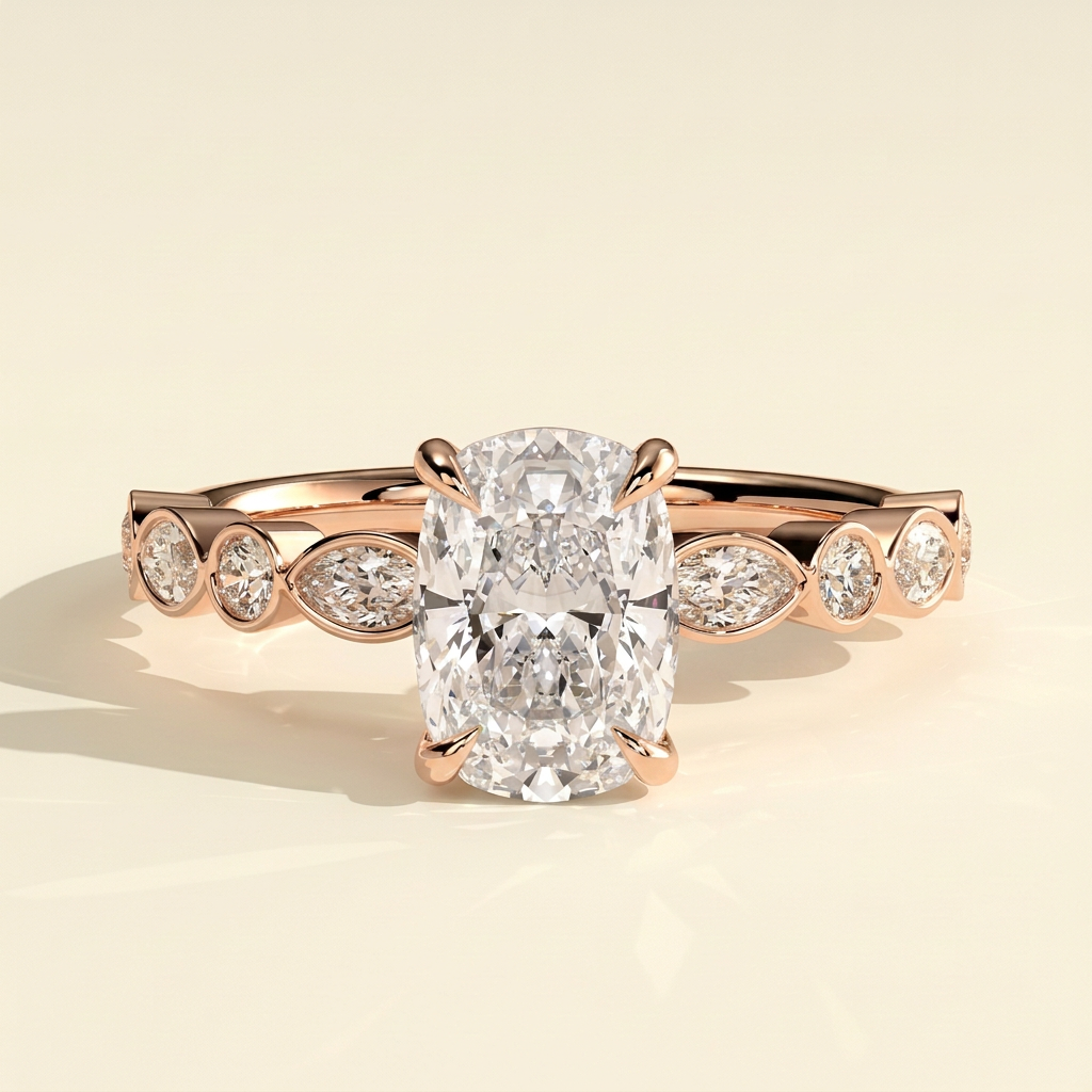 The Lucia - Elongated Cushion Lab Diamond Solitaire with Round-Marquise Bezel Accent Stones Ring