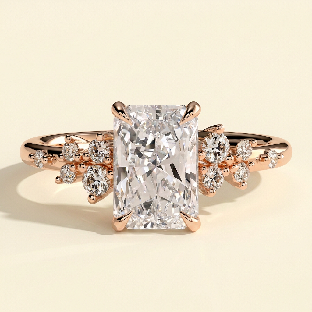 The Jorelle - Radiant Cut Lab Grown Diamond Solitaire with Clustered Round Shoulder Stones Engagement Ring