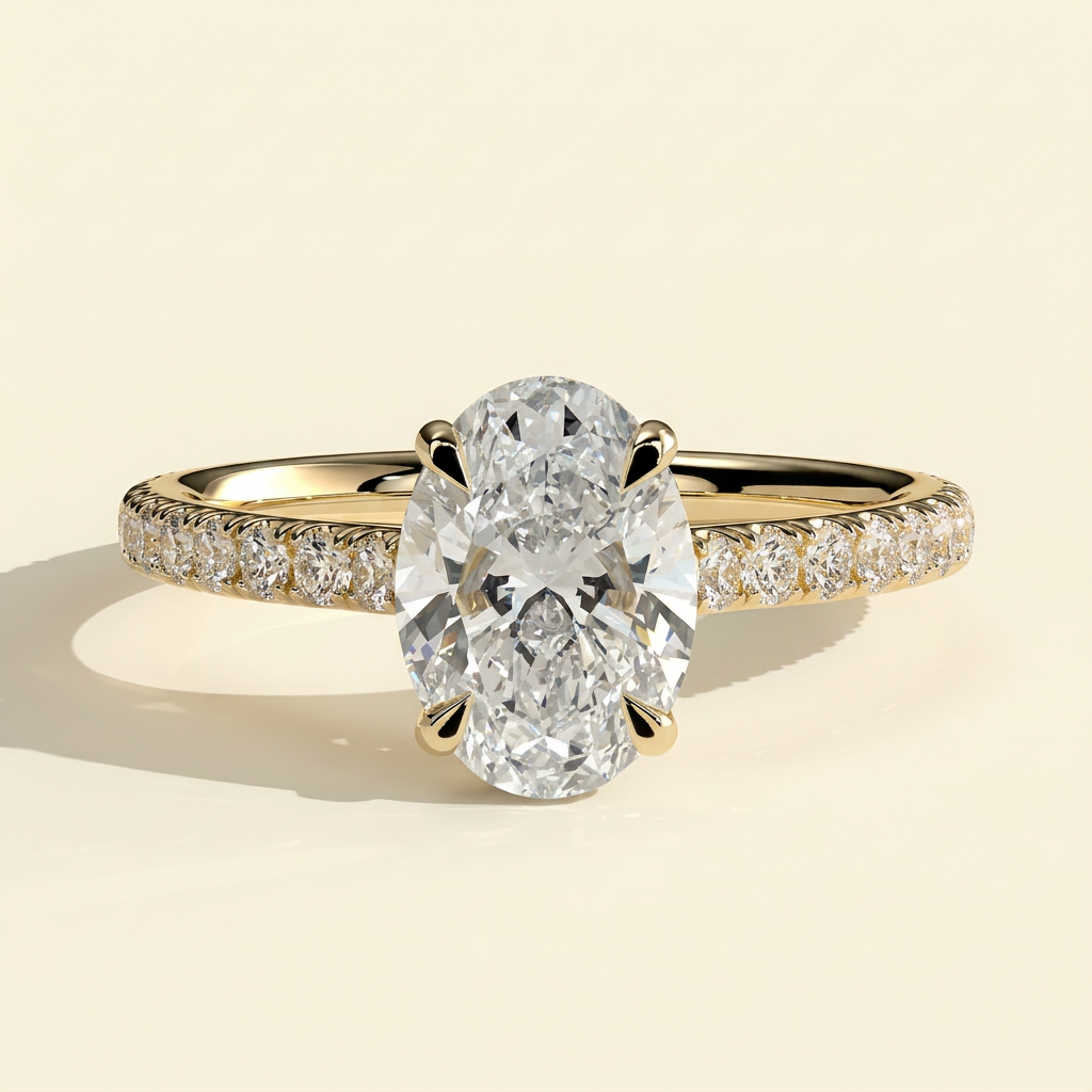 The Risela - Oval Cut Lab Grown Diamond Four Claw Solitaire with Hidden Halo and Cathedral Pave Band Engagement Ring