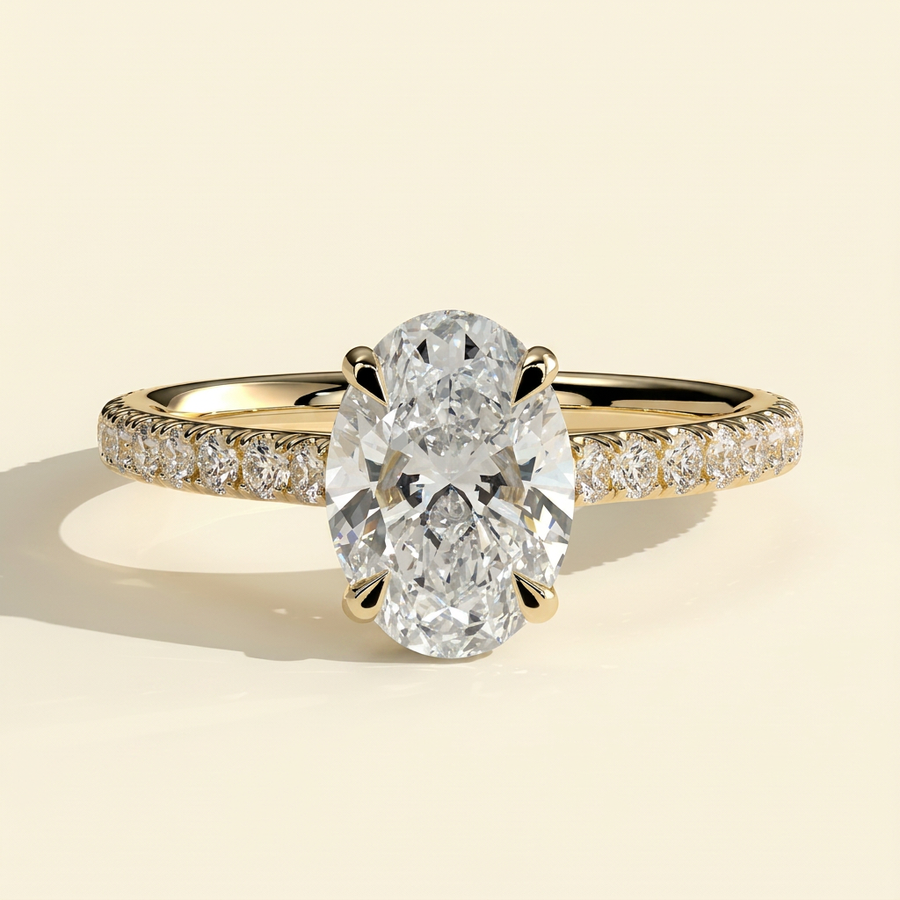 The Risela - Oval Cut Lab Grown Diamond Four Claw Solitaire with Hidden Halo and Cathedral Pave Band Engagement Ring - Yellow Gold