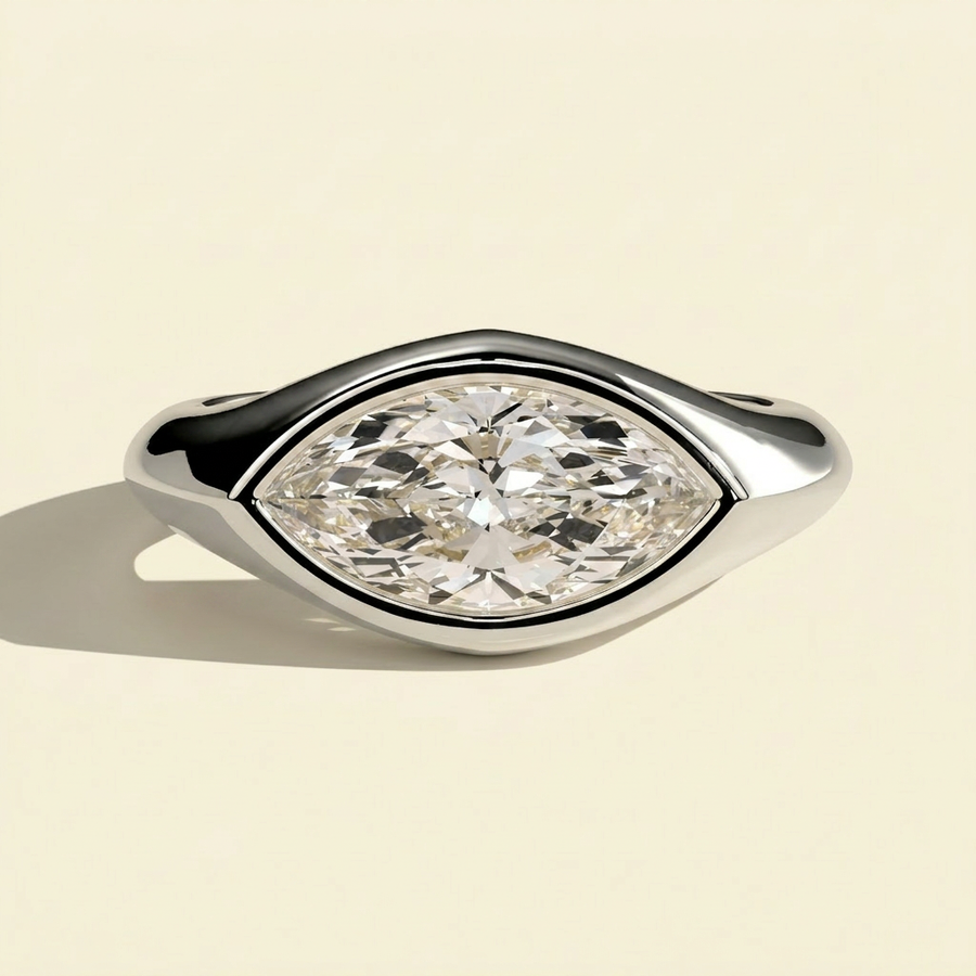 The Kyra - East West Marquise Lab Grown Diamond Bezel Ring, Signet Band - White Gold