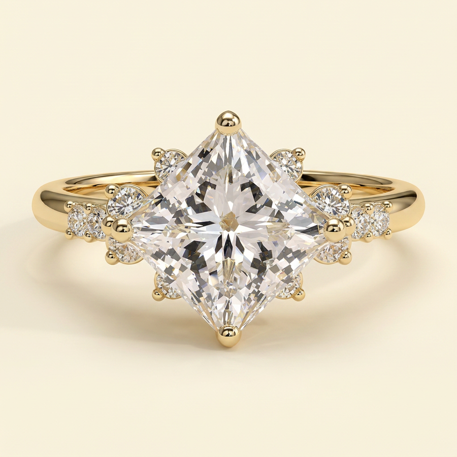 The Velora - Princess Cut Lab Grown Diamond Solitaire with Angled Setting and Round Accent Clusters Engagement Ring - Yellow Gold