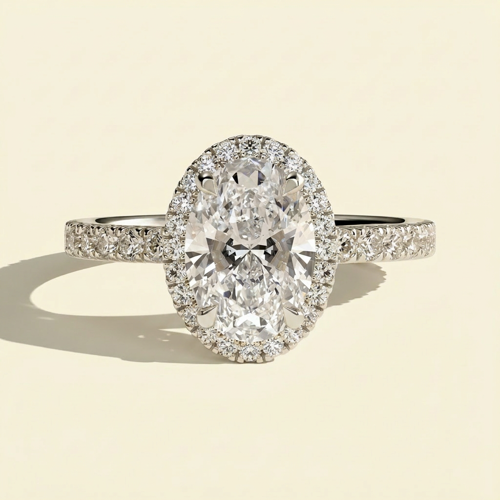 The Alora - Vintage Oval Lab Grown Diamond Halo Engagement Ring, Pave Band