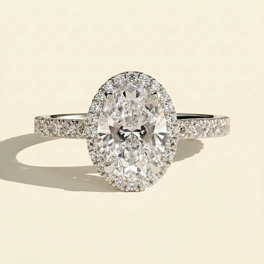 The Alora - Vintage Oval Lab Grown Diamond Halo Engagement Ring, Pave Band - White Gold