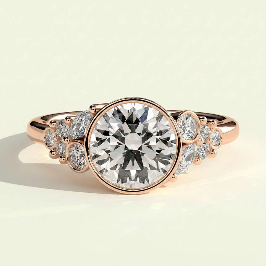 The Svea - Bezel Set Round Lab Grown Diamond Ring with Clustered Accents - Rose Gold