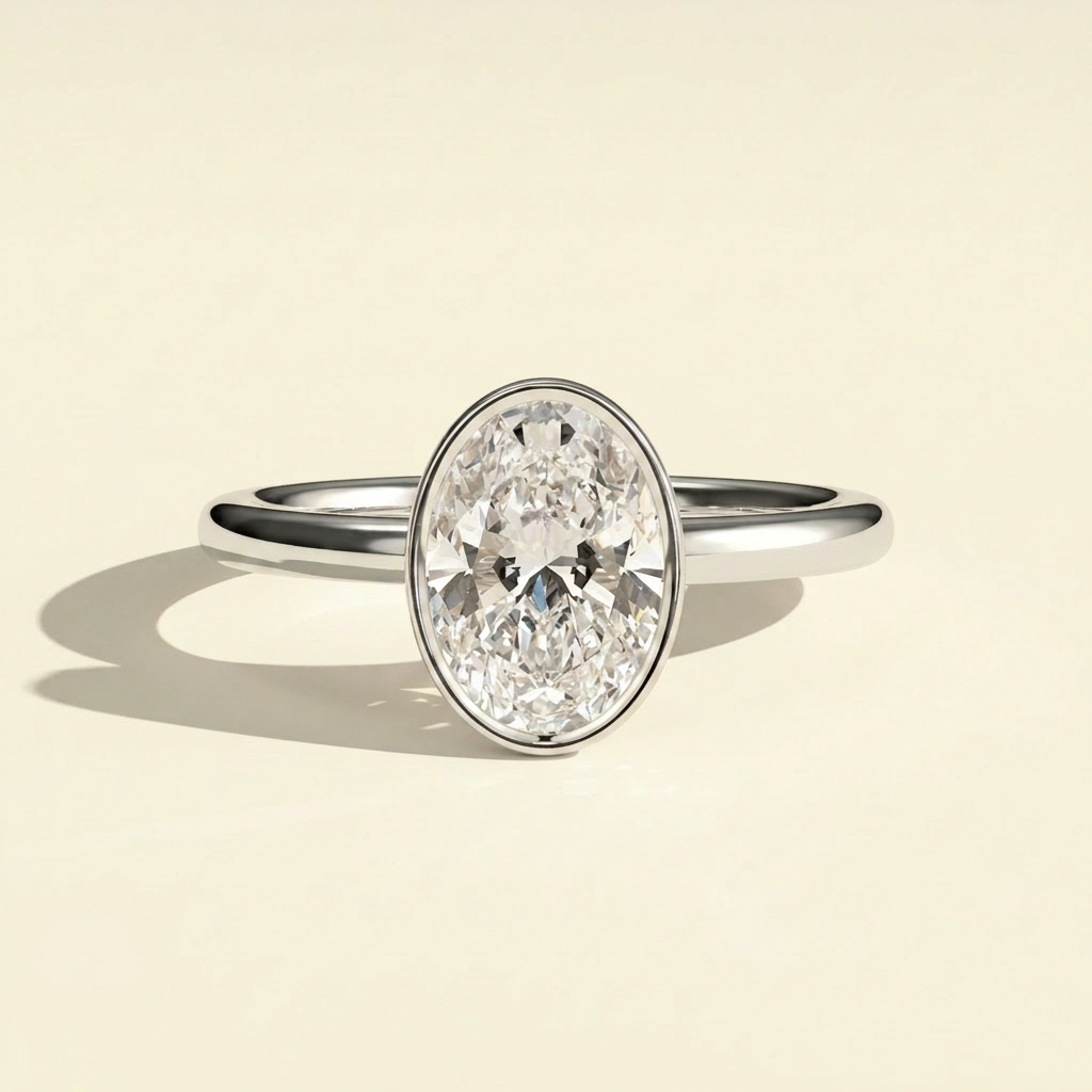 The Kelia - Oval Lab Grown Diamond Bezel Solitaire with Petal Gallery Setting