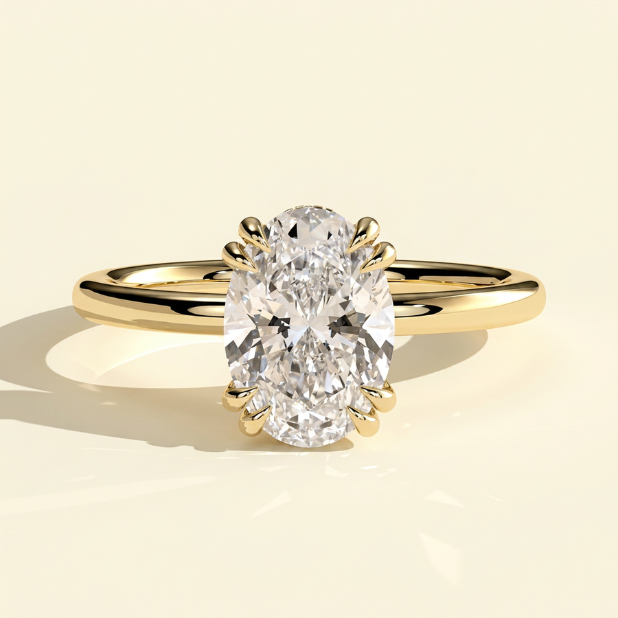 The Onda - Oval Cut Lab Grown Diamond Ring, Double Claws and Hidden Halo - Yellow Gold