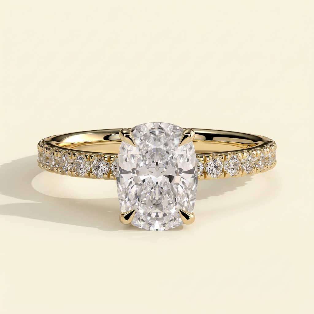The Etoile - Elongated Cushion Lab Diamond Solitaire with Hidden Halo and Pave Band Ring