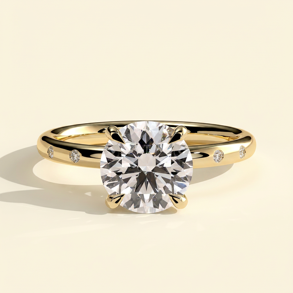 The Diamara - Round Cut Lab Grown Diamond Solitaire with Inset Round Side Stones in a Sleek Band Engagement Ring