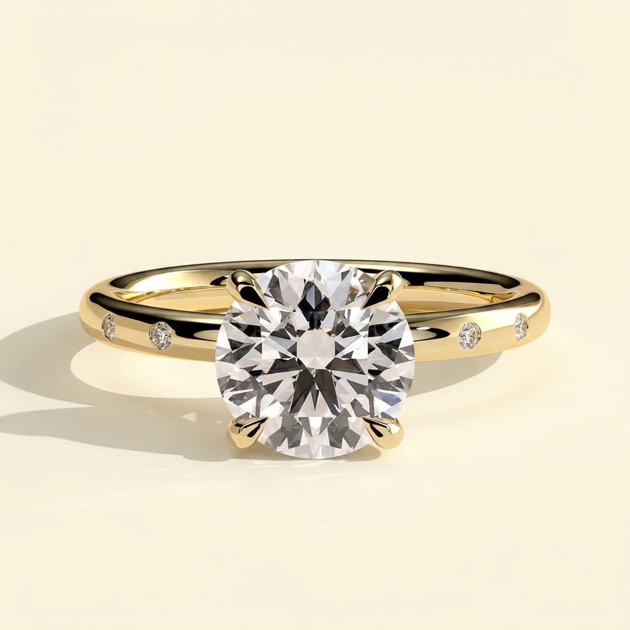 The Diamara - Round Cut Lab Grown Diamond Solitaire with Inset Round Side Stones in a Sleek Band Engagement Ring - Yellow Gold