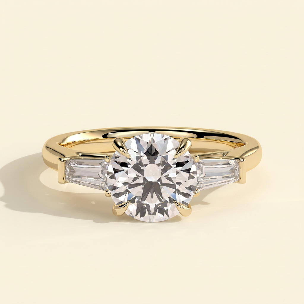The Serena - Round Cut Lab Grown Diamond Three Stone with Tapered Baguette Side Stones and Cathedral Setting Engagement Ring